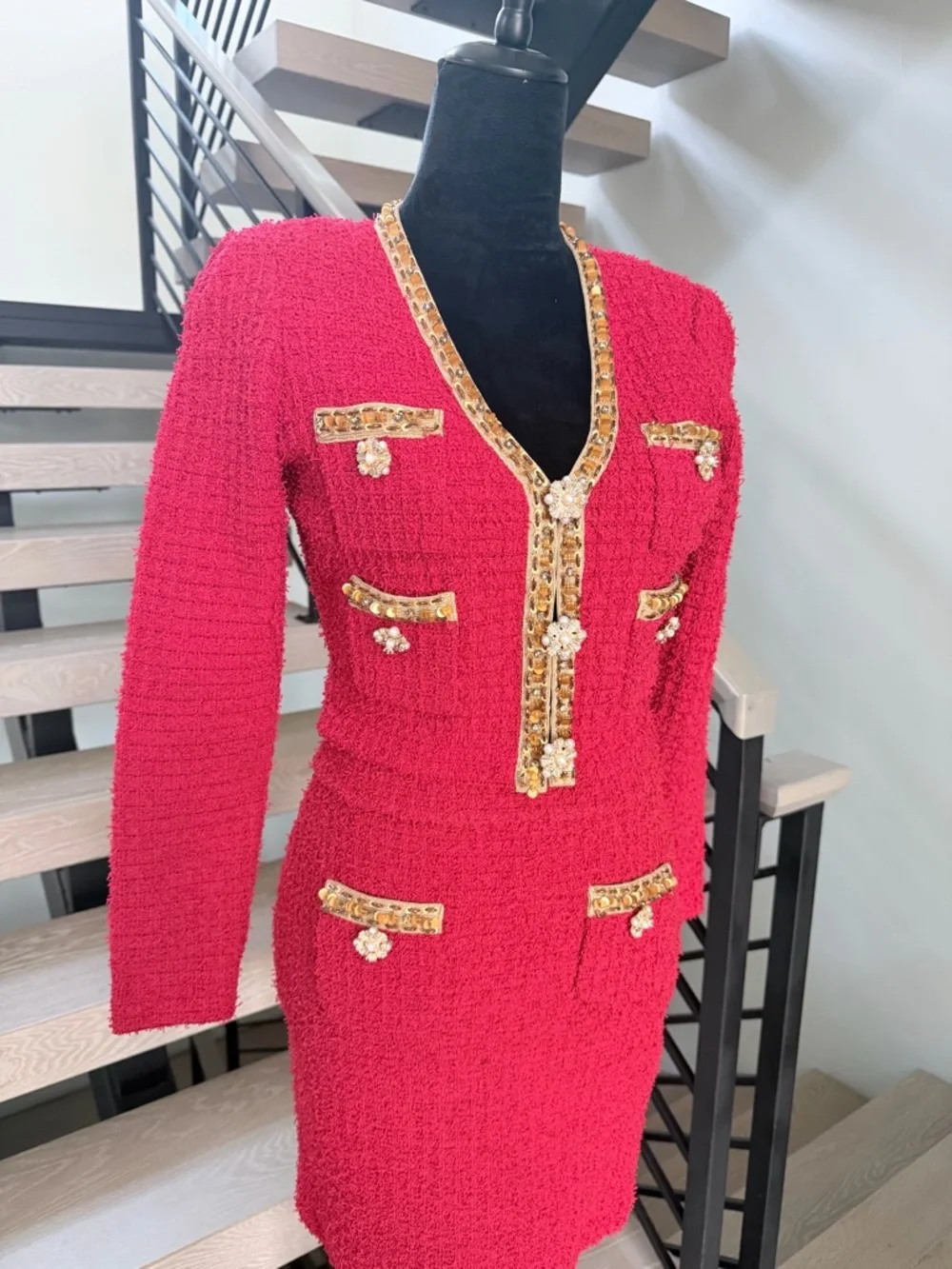 New Self portrait Red Tweed Two-Piece Skirt Set with Gold Trim size S - Picture 7 of 15